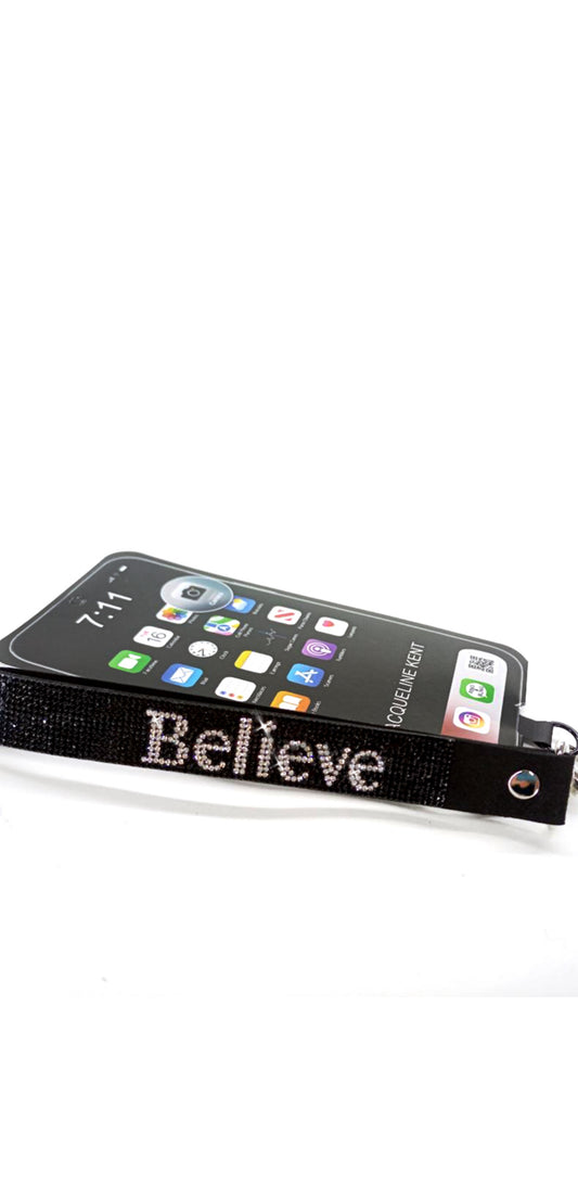 Crystal Wrist Lanyard for Phones & Tumblers - Believe Black