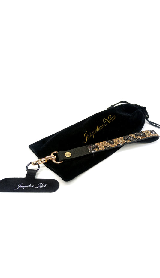 Crystal Wrist Lanyard for Phones & Tumblers - Gold Leopard