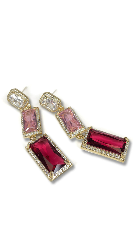 Three Crystal Drop Earrings - Red