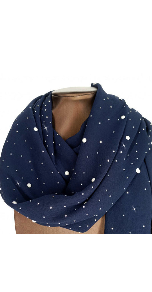 Pearl Embellished Scarf - Navy