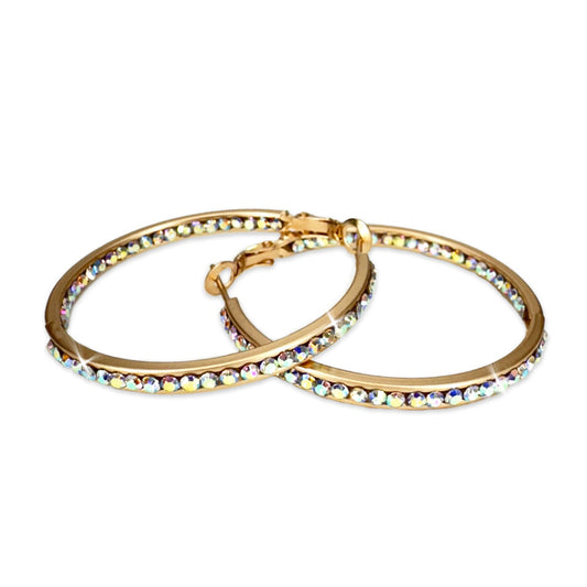 EARRING 40MM ROUND CRYSTAL HOOPS GOLD/AB